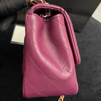 Chanel Red Lambskin Mini Square Flap Bag Gold Hardware Chain Strap