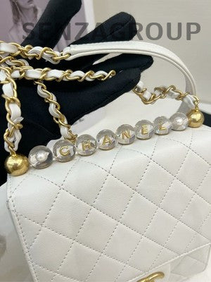 Chanel Classic Flap Vertical Pearl Chain Shoulder Bag White Gold
