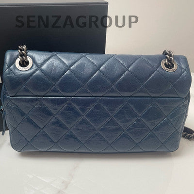 Chanel Classic Flap Bag Blue Quilted Caviar Silver Hardware Vintage