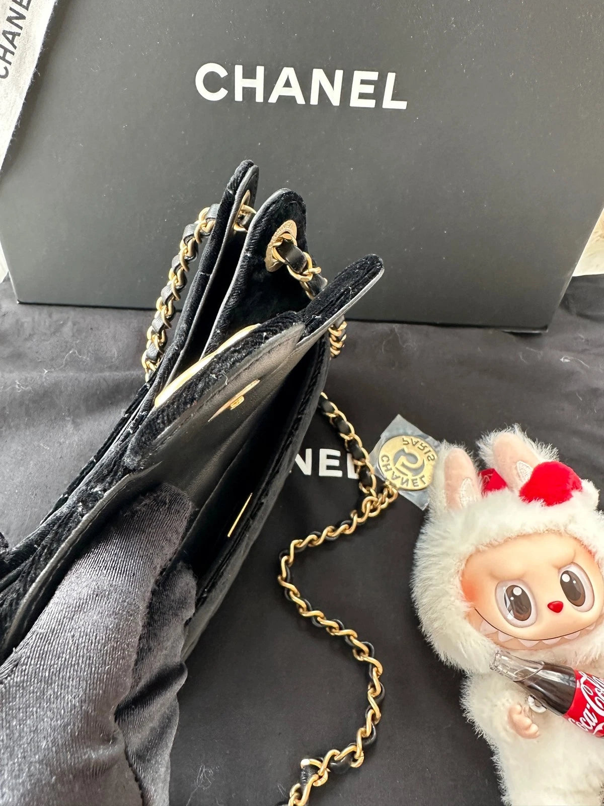 CHANEL Small Black Gold Velvet Shoulder Bag For Women