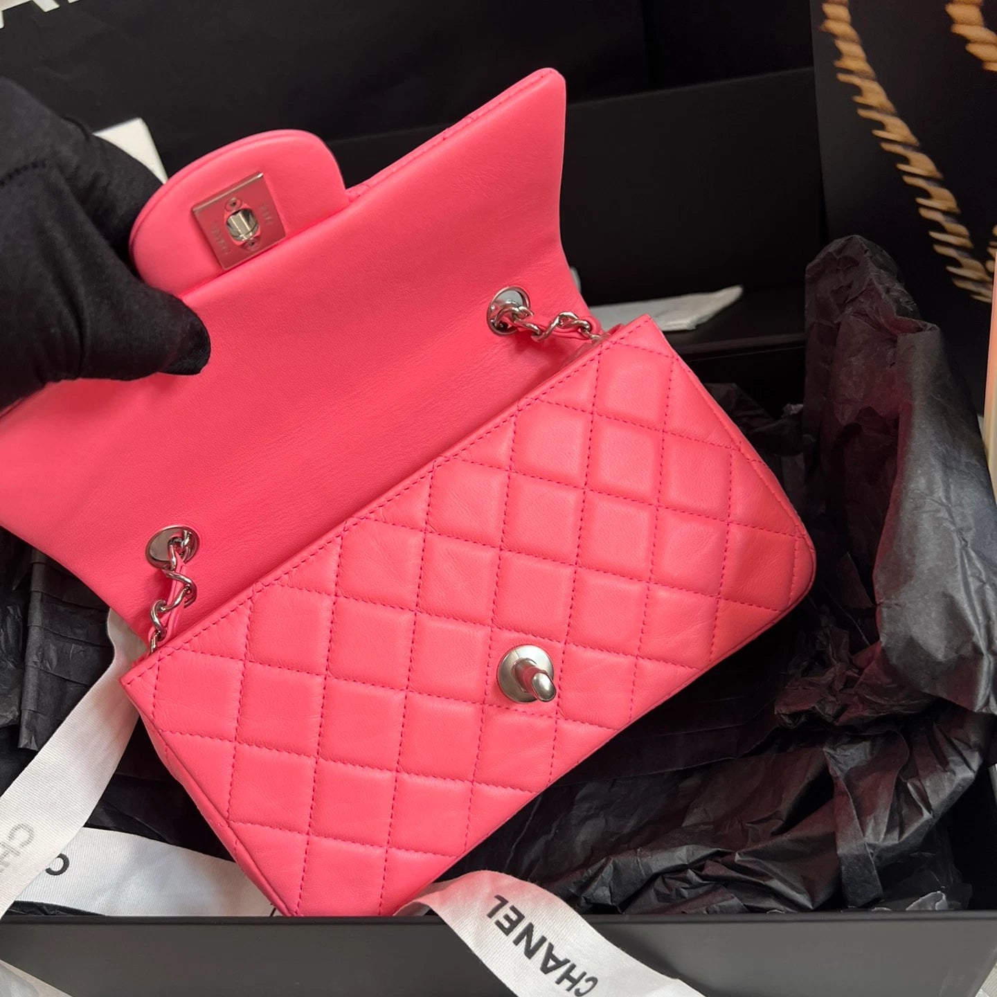 Chanel Classic Flap Mini Chain Shoulder Crossbody Pink Silver Women Fashion