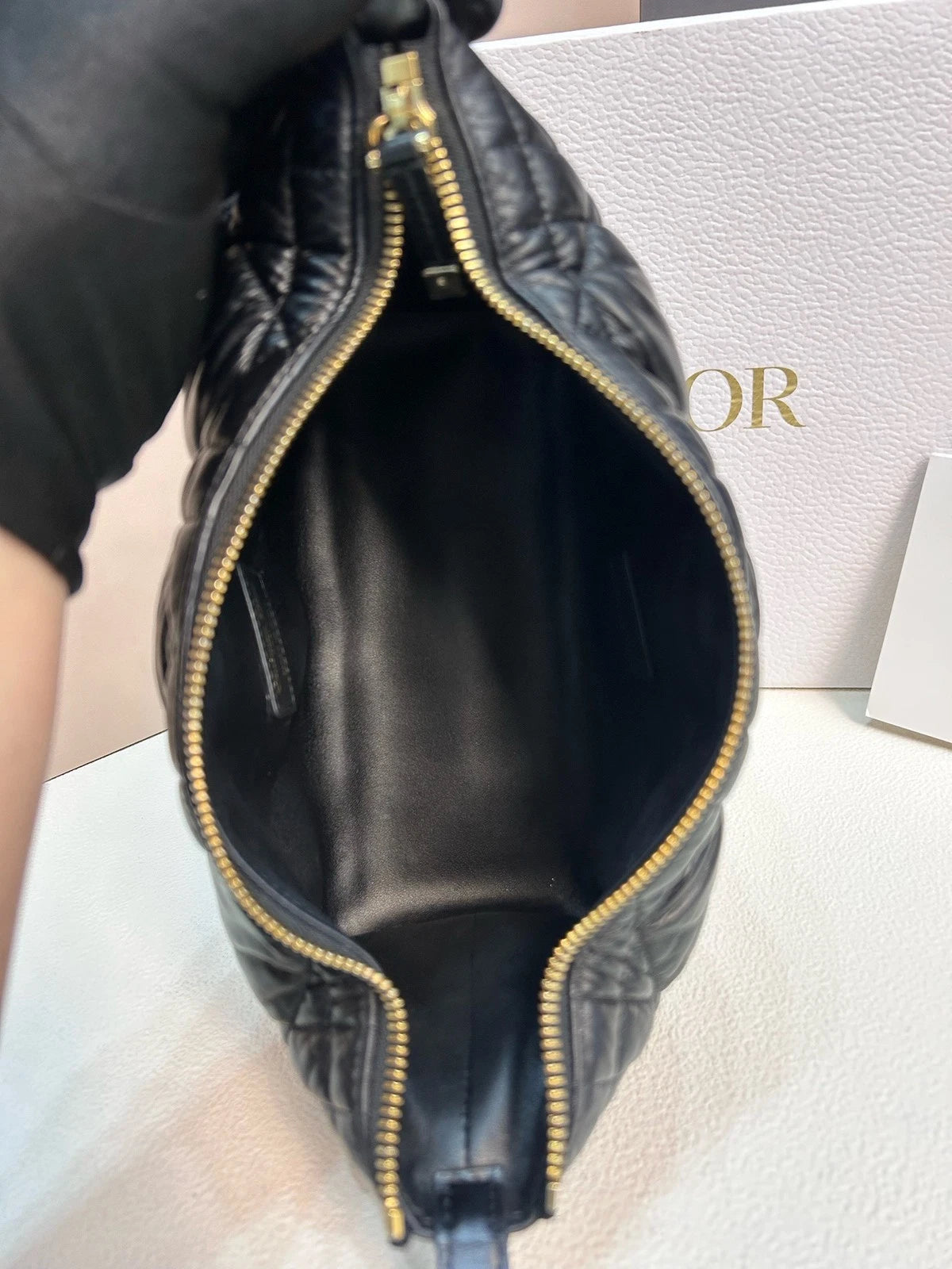 Excellent Christian Dior Travel Calfskin MM Hobo Black Handbag Shoulder Bag Gold