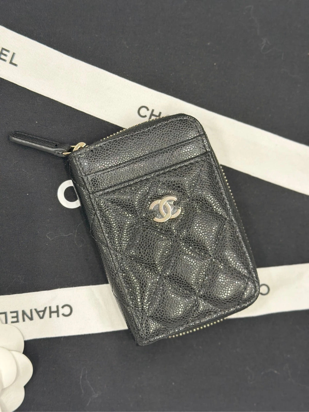 CHANEL Black Leather Zip Card Wallet For Women