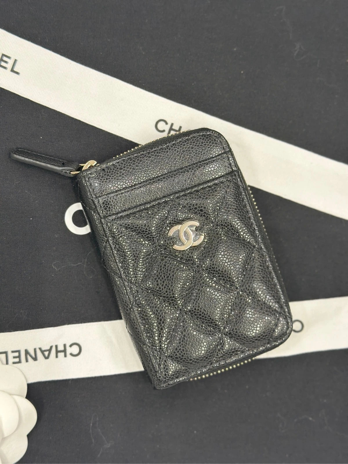 CHANEL Black Leather Zip Card Wallet For Women