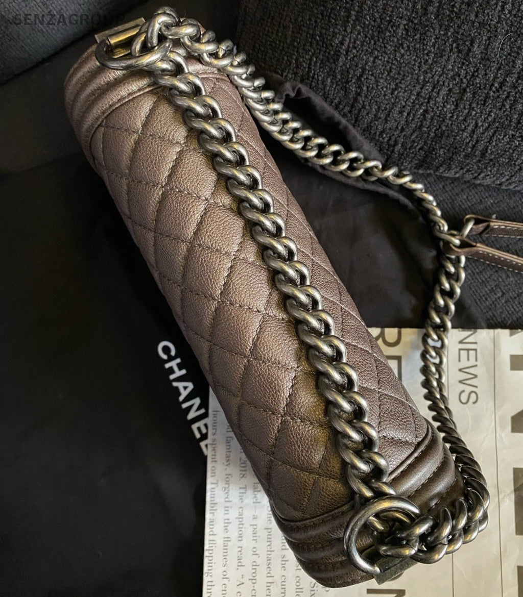 Chanel Leboy MM Chain Shoulder Bag Crossbody Brown Silver Women Classic