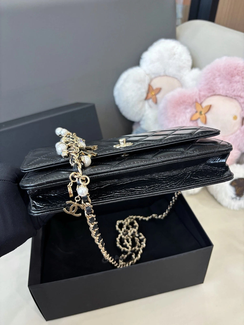 Chanel WOC Diamond Chain Shoulder Crossbody Black Gold Women Classic Fashion