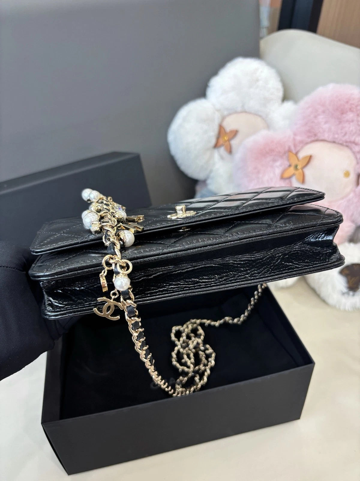Chanel WOC Diamond Chain Shoulder Crossbody Black Gold Women Classic Fashion
