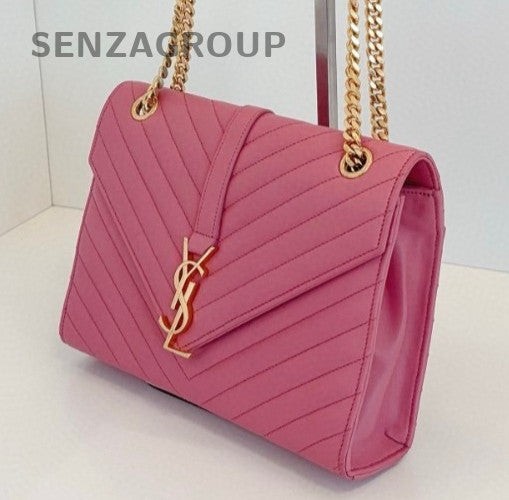 Saint Laurent Envelope MM Chain Shoulder Bag Crossbody Pink Gold Women Classic