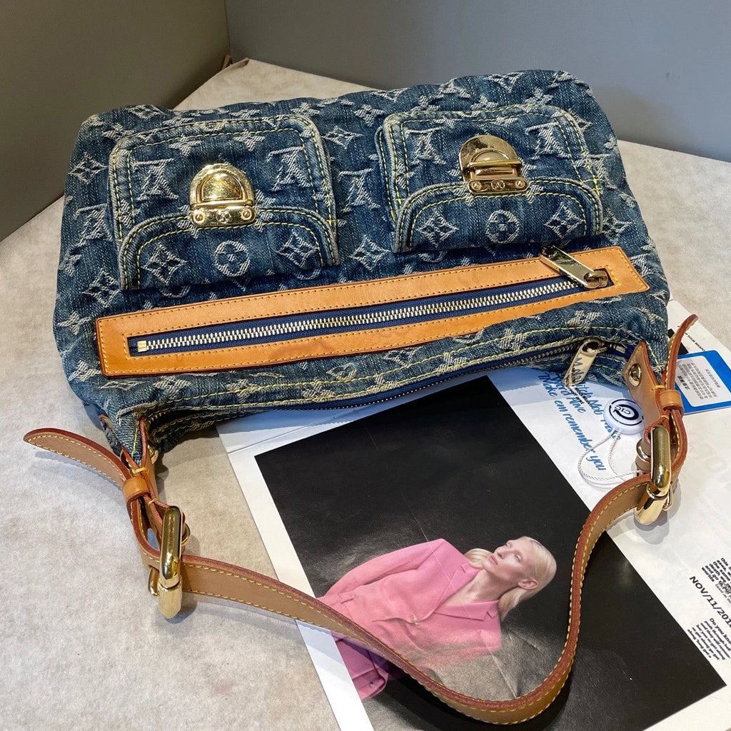 Louis Vuitton Baggy Denim Shoulder Bag Blue Gold Used Women Monogram Vintage