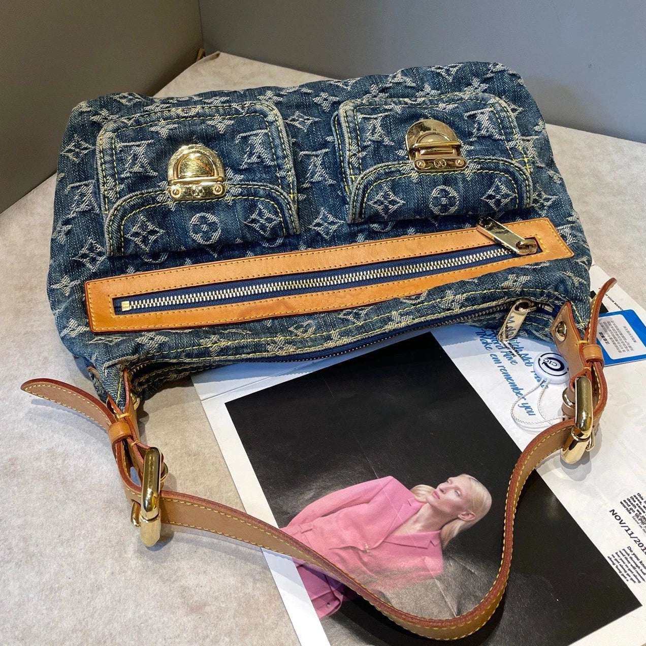 Louis Vuitton Baggy Denim Shoulder Bag Blue Gold Used Women Monogram Vintage