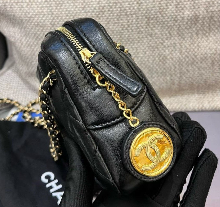 Chanel Diamond PM Camera Case Chain Shoulder Bag Black Gold Women Classic