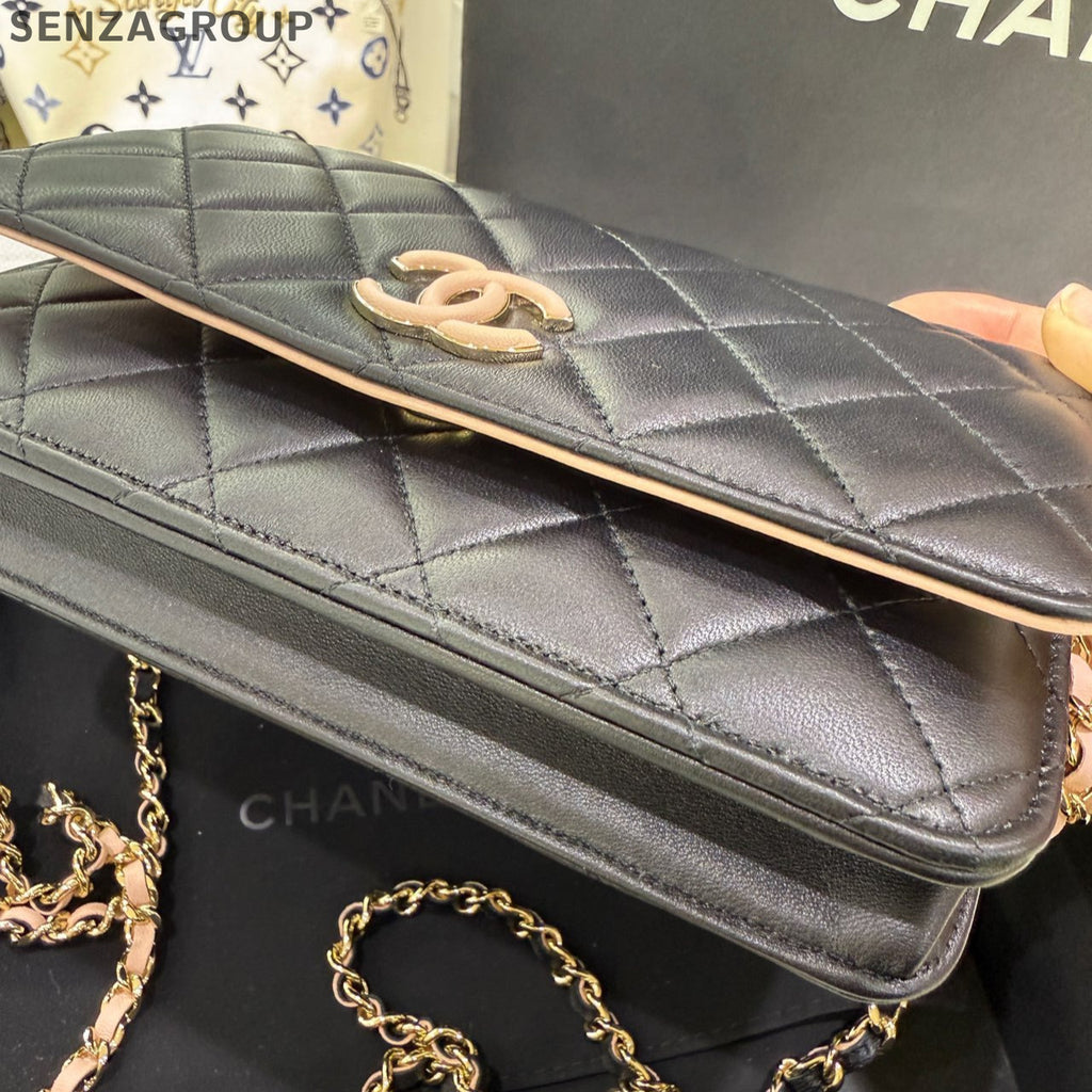 Chanel Black & Pink Quilted Chain WOC Shoulder Crossbody Bag