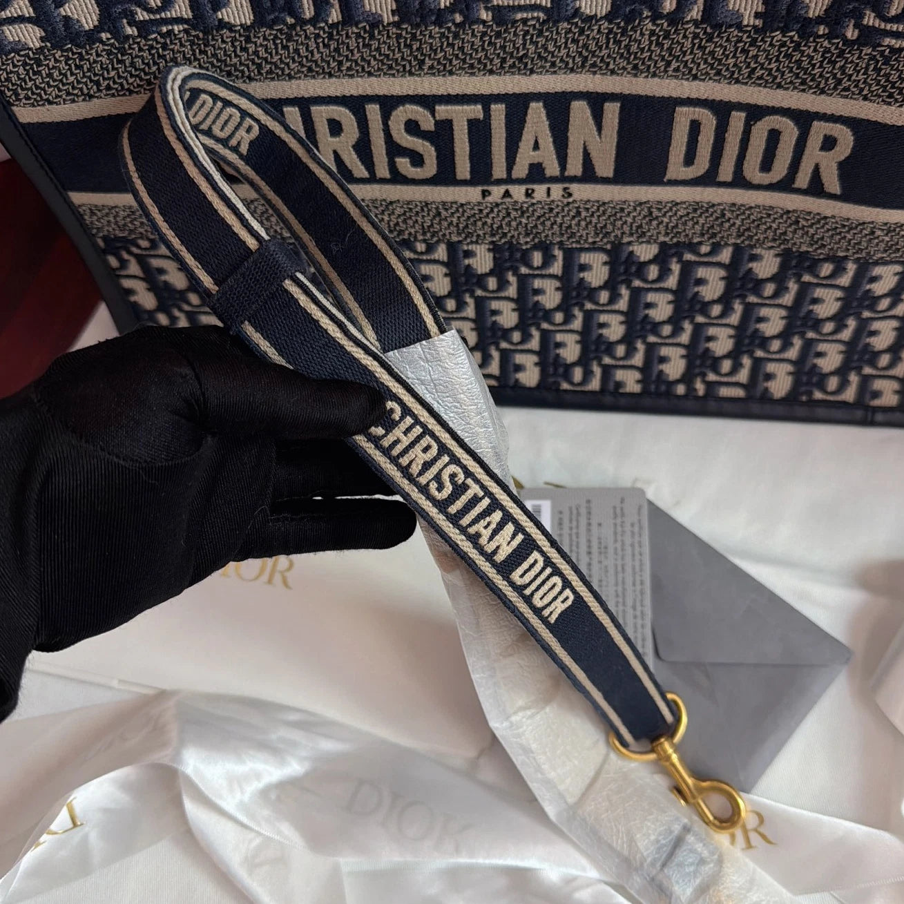 Excellent Christian Dior Book Tote MM Oblique Canvas Blue Handbag Shoulder Bag