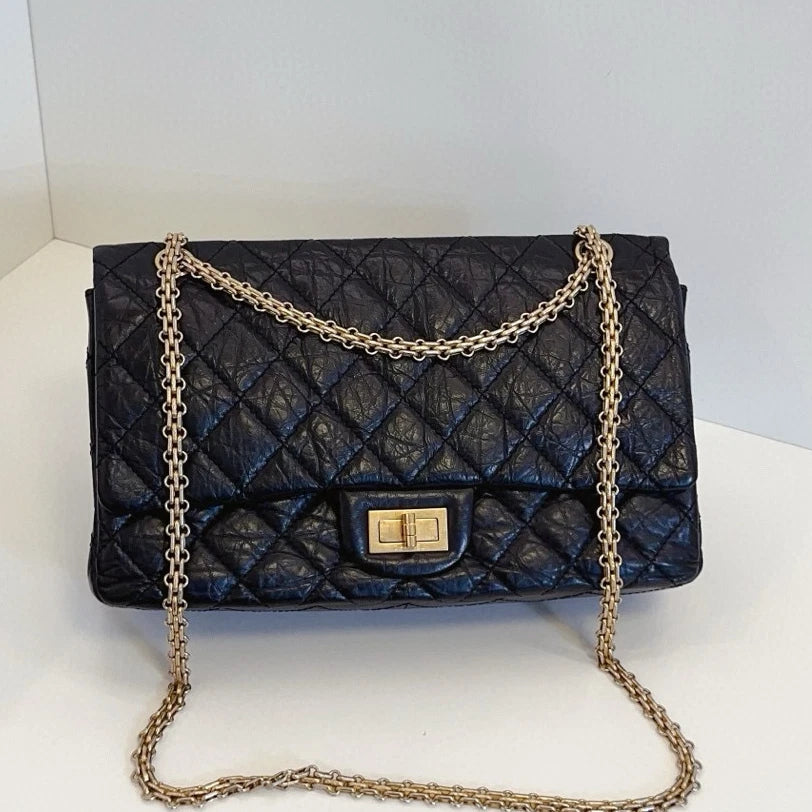 Chanel 2.55 Chain Shoulder Crossbody Black Gold Diamond Women Classic