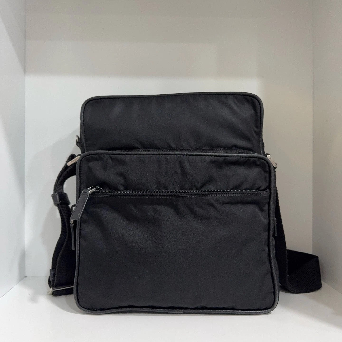 PRADA Black Nylon Double Layer Camera Crossbody Shoulder Bag For Women