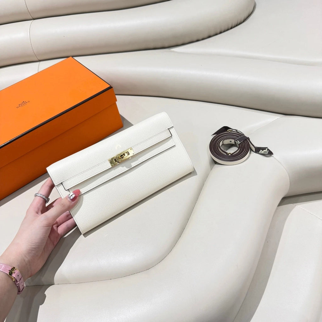 Hermes Kelly To Go Nata White Leather Crossbody Wallet with Strap