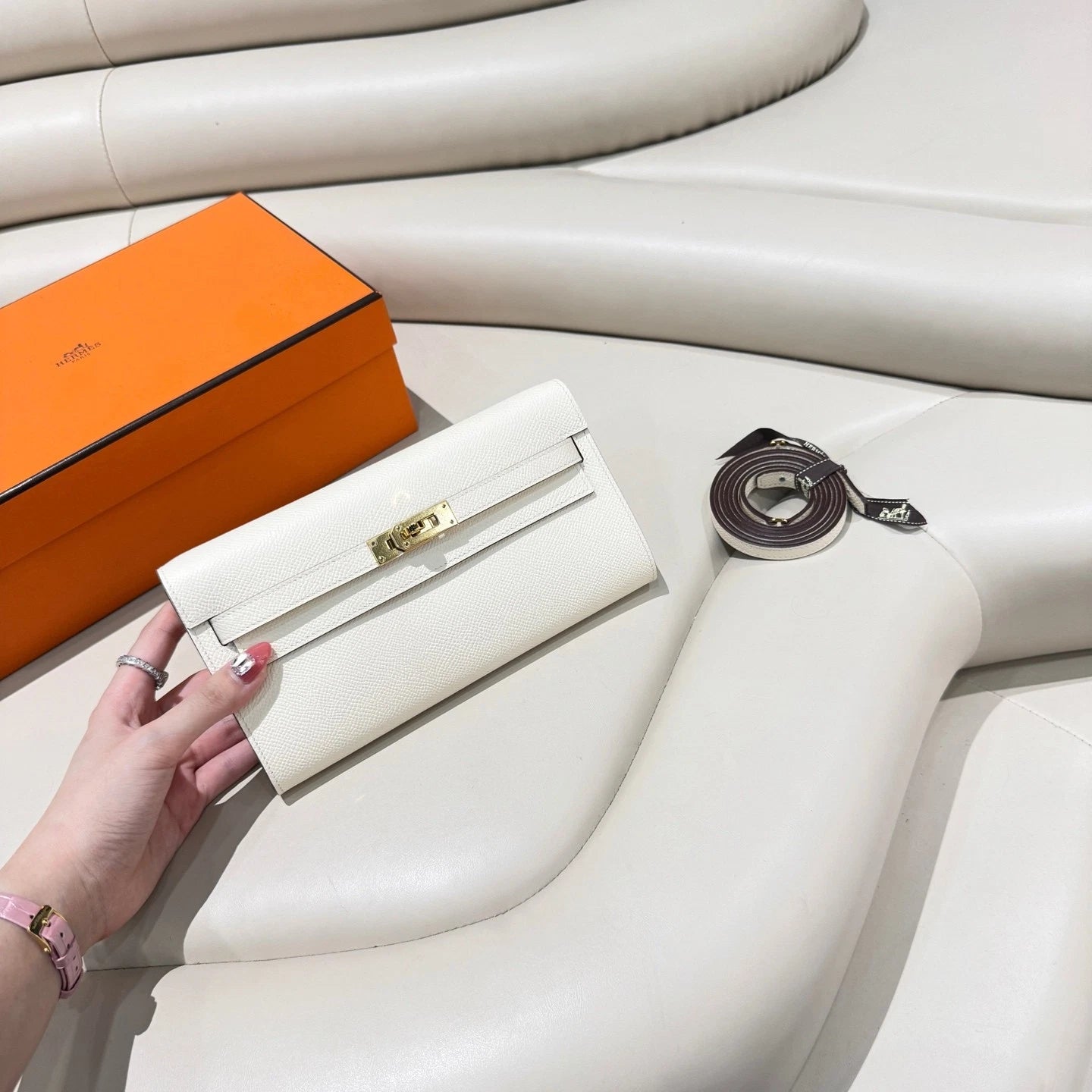 Hermes Kelly To Go Nata White Leather Crossbody Wallet with Strap
