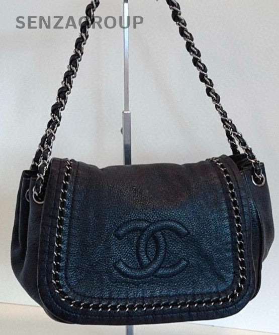 Chanel Lambskin Chain Shoulder Bag Black Silver Used Women Classic