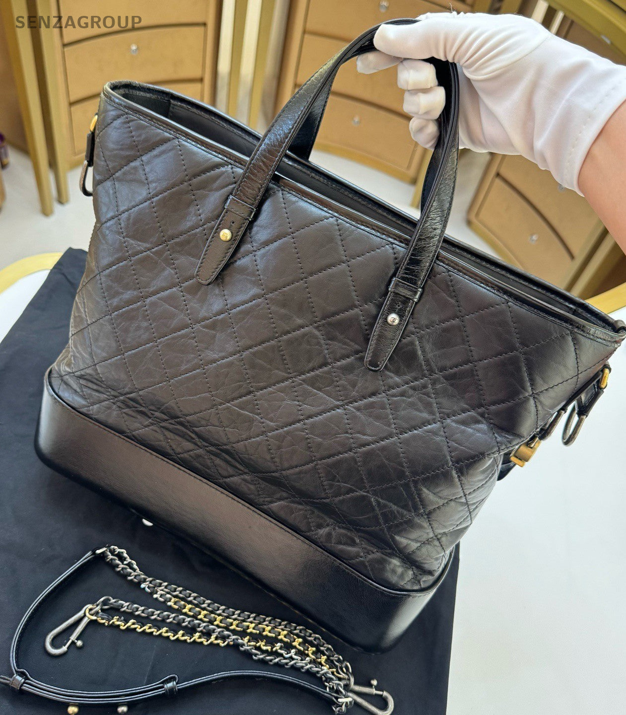 Chanel Gabrielle GM Handbag Shoulder Bag Black Gold Diamond Women Classic