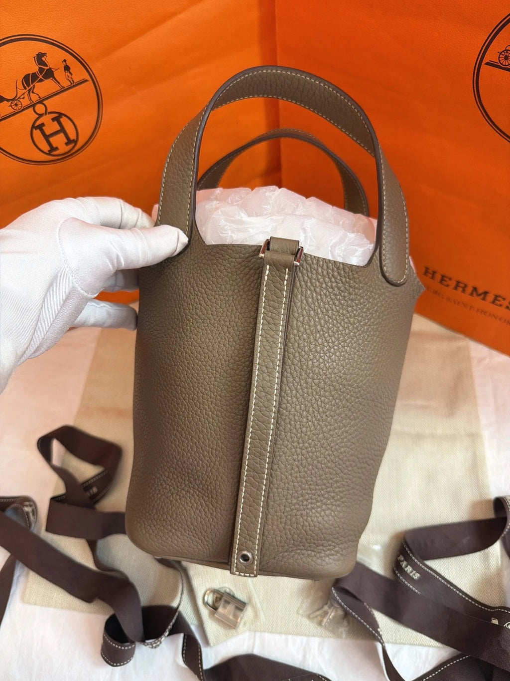 Excellent Hermes Picotin18 Tote Gray Handbag Silver Hardware with Key and Lock