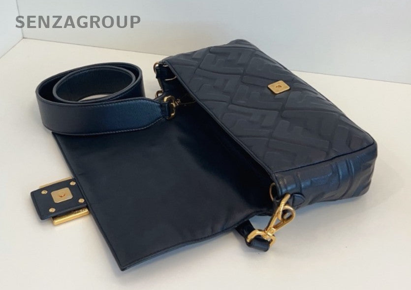 FENDI Baguette MM Monogram 2WAY Shoulder Handbag Black Gold Women