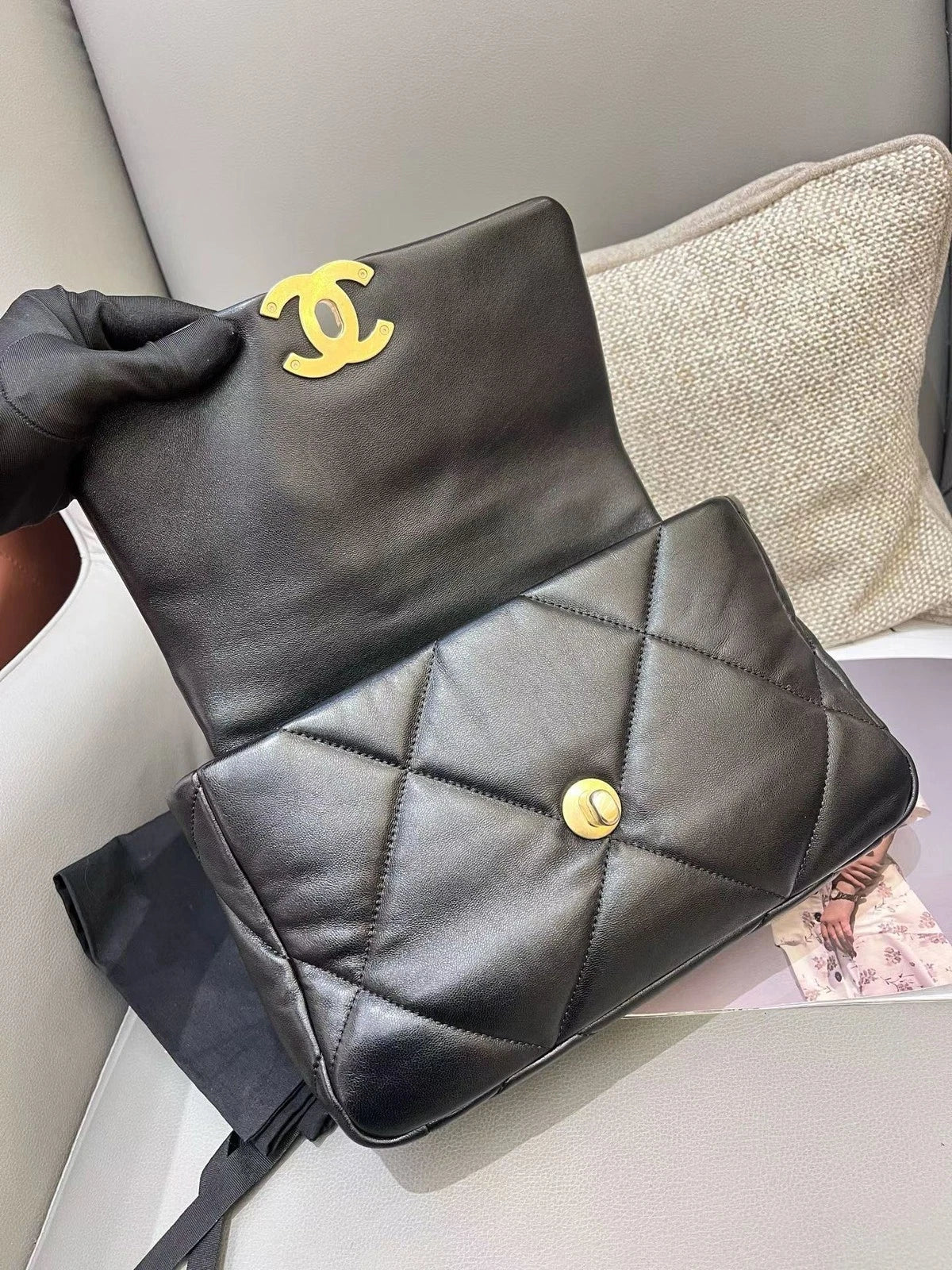 Chanel 19Bag PM Chain Top Handle Crossbody Black Gold Diamond Women Classic