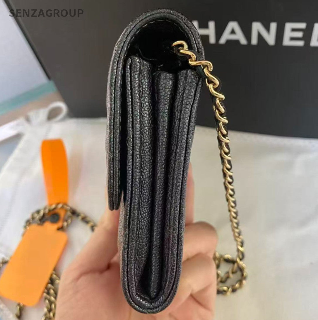 Chanel WOC Diamond Chain Shoulder Bag Black Gold Women Classic