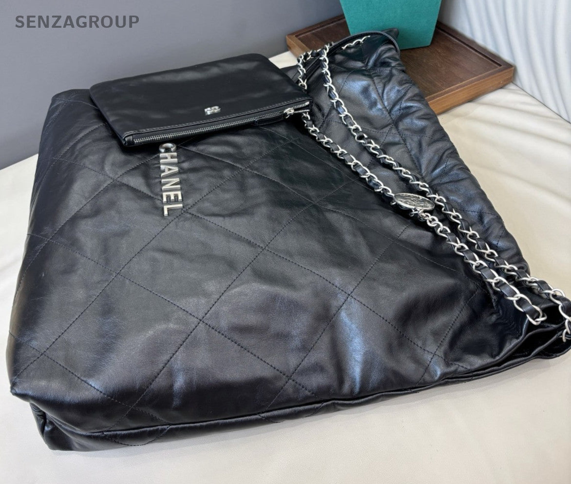 Chanel 22Bag GM Chain Shoulder Bag Crossbody Black Silver Diamond Women Classic