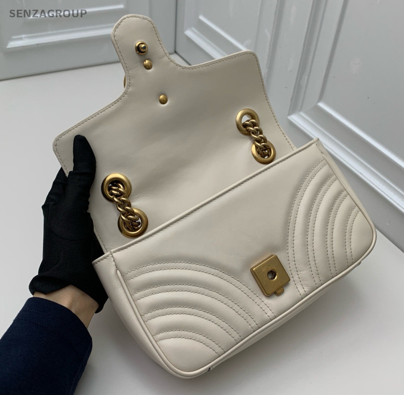 Gucci Marmont Chain Shoulder Bag Crossbody White Gold Women Classic