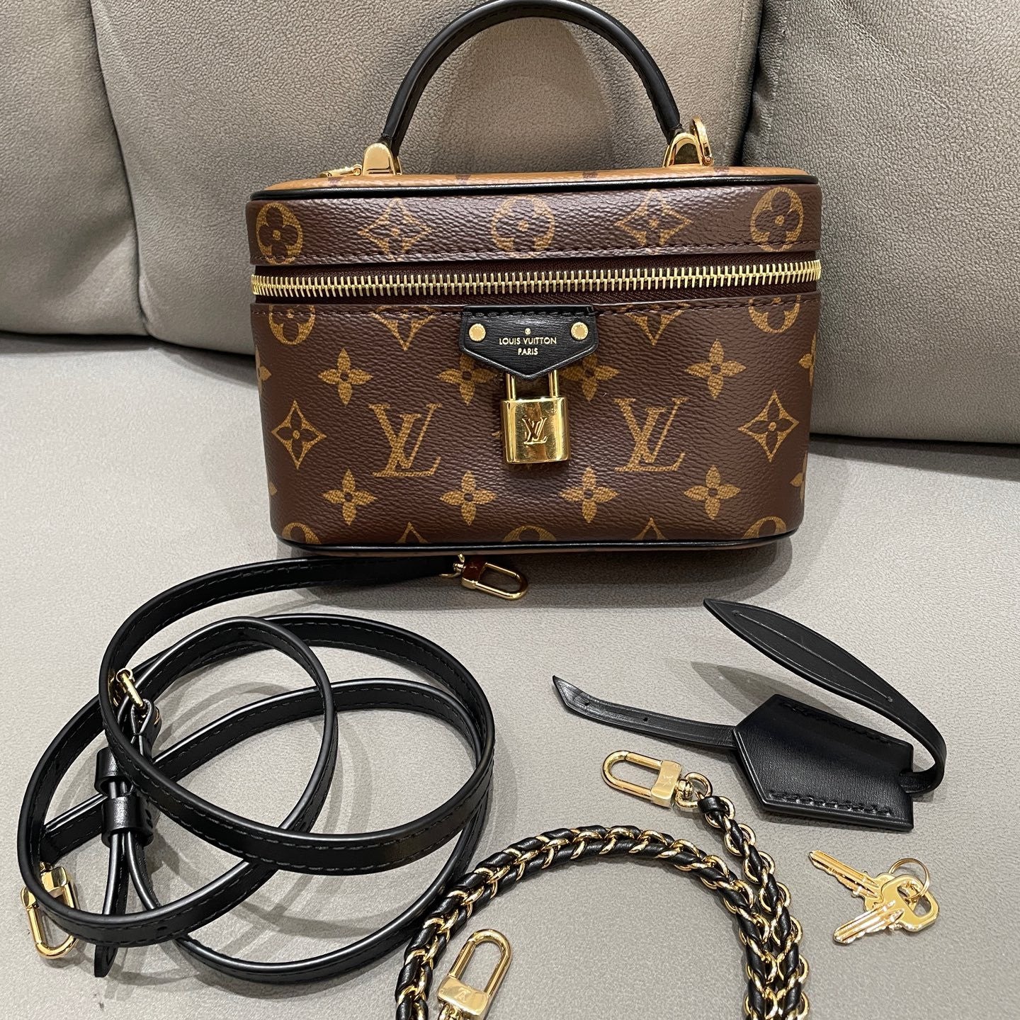 Louis Vuitton Vanity Box Bag Brown Gold Chain Strap Handbag Women's Fashion