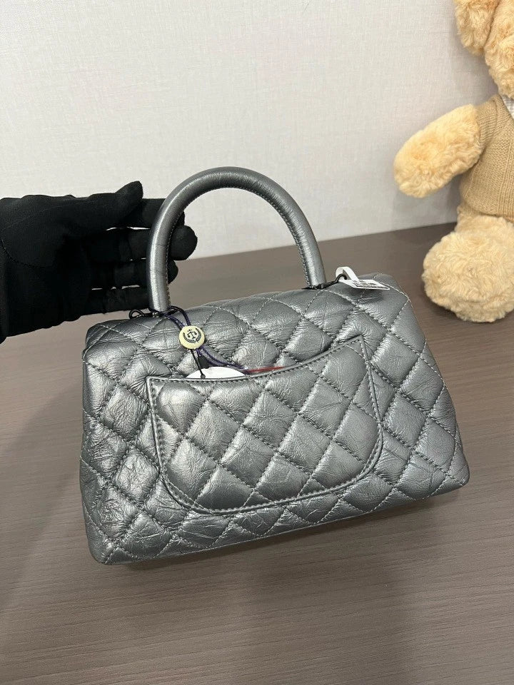 Authentic CHANEL Silver Gray Coco Handle Small Handbag For Women