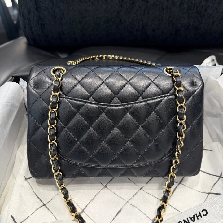 Chanel Classic Flap PM Lambskin Chain Shoulder Bag Black Gold Hardware Women D