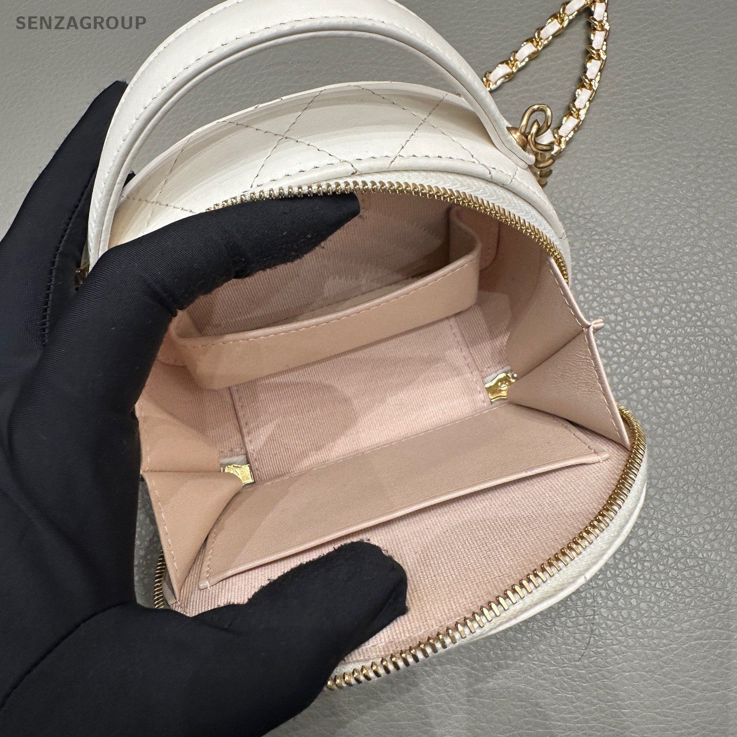 CHANEL Mini Diamond Pattern Bowling Chain Shoulder bag Crossbody White Gold
