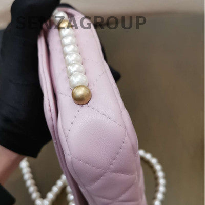 Chanel Quilted Pearl Chain Shoulder Bag Pink Gold Hardware