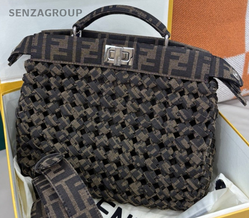 Fendi Peekaboo Monogram Shoulder Bag Crossbody Brown Silver Women Classic
