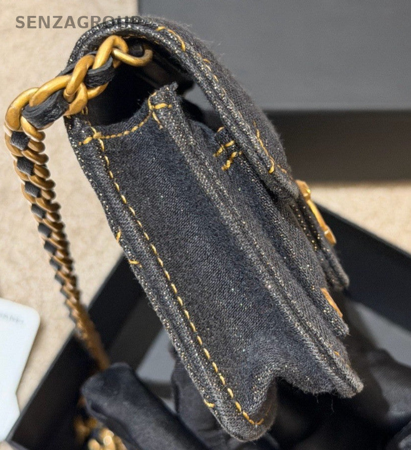 Chanel Diamond Mini Denim Chain Shoulder Bag Crossbody Black Gold Women Classic