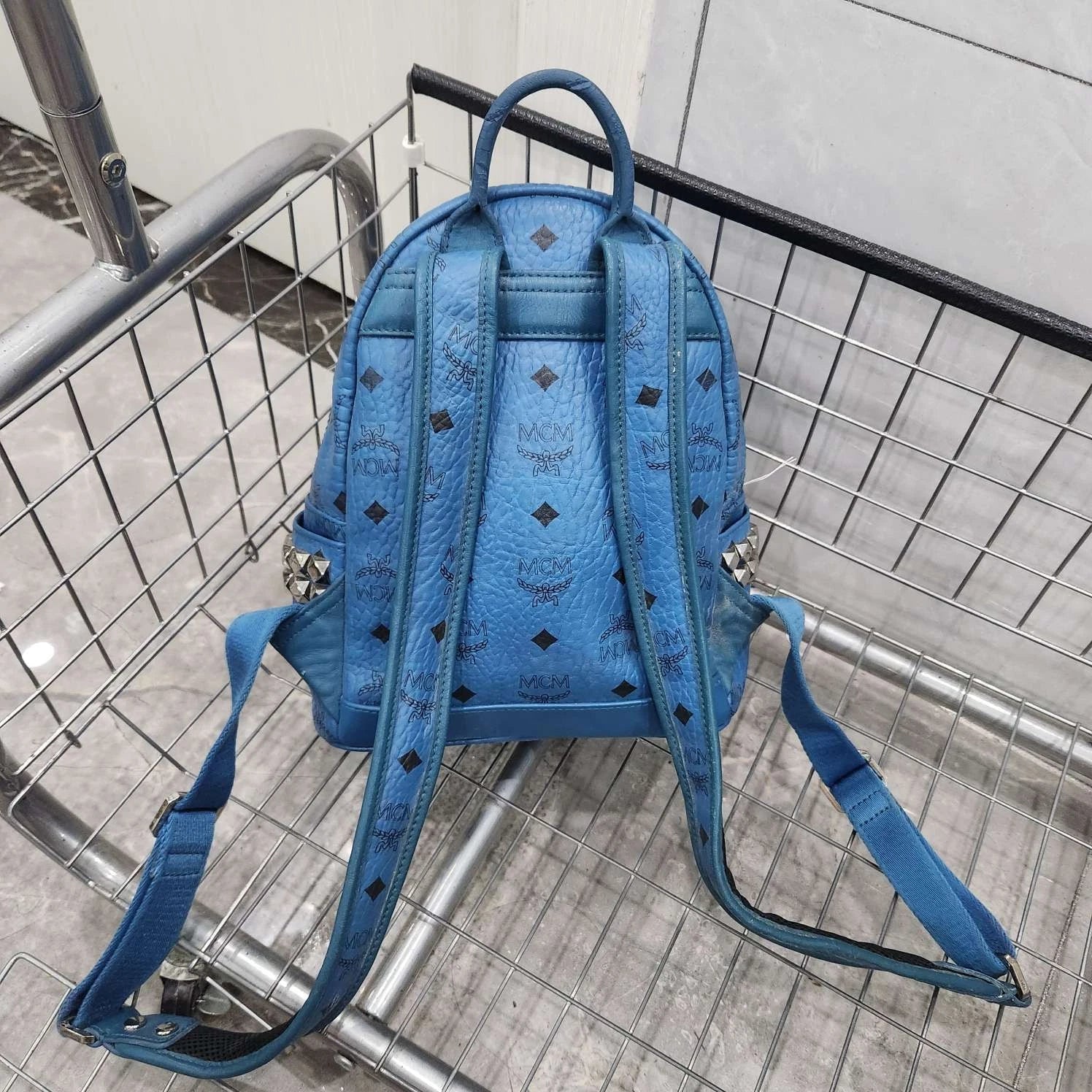 MCM Blue Monogram Rivet Small Backpack For Women
