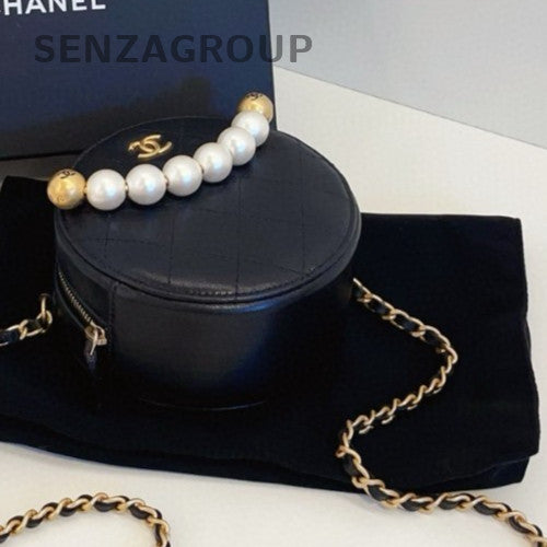 Chanel Pearl Round Bag Chain 2Way Shoulder Bag Black Gold Used Women Designer