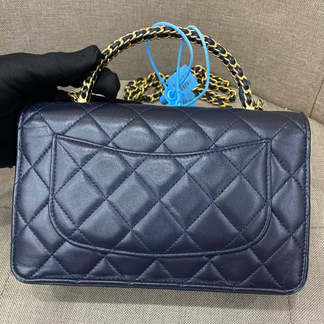 Chanel 22K Navy Blue Gold Hardware WOC Chain Crossbody Bag