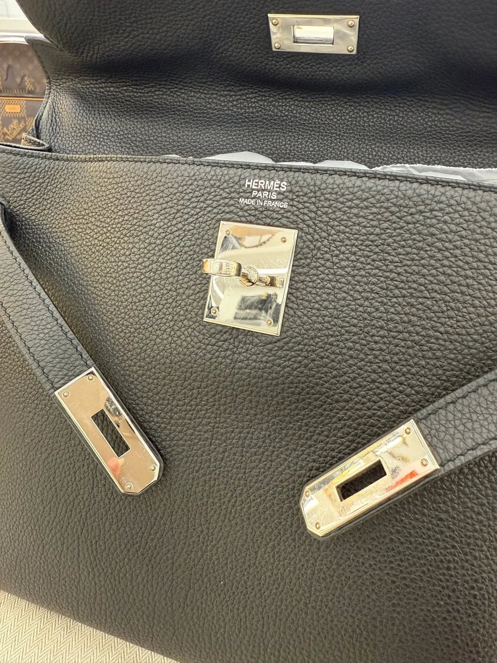 Hermes Kelly32 Black Silver Togo Leather Top Handle Bag For Women