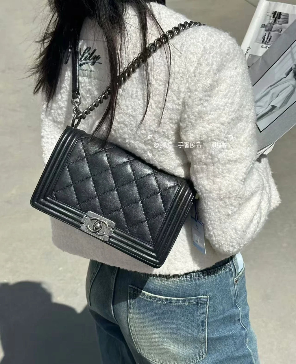 CHANEL Medium Leboy Black Silver Leather Shoulder Bag For Women