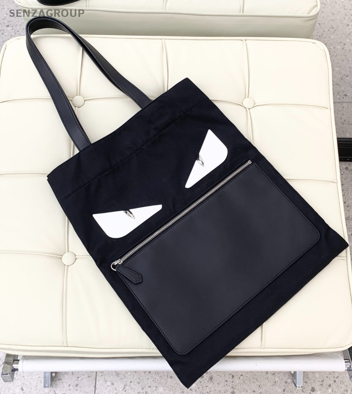 FENDI Monster Logo Tote Canvas Black Silver Shoudler bag Classic
