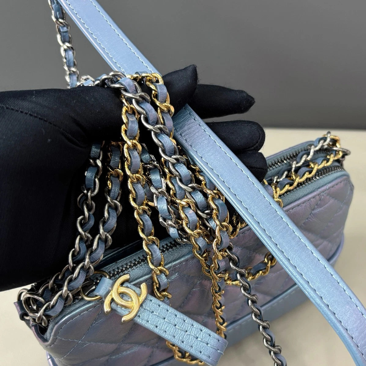 Chanel Gabrielle Mini Chain Shoulder Crossbody Blue Gold Diamond Women Classic