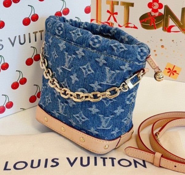 Louis Vuitton Nano Noe Denim Monogram Chain Shoulder Crossbody Blue Gold Women
