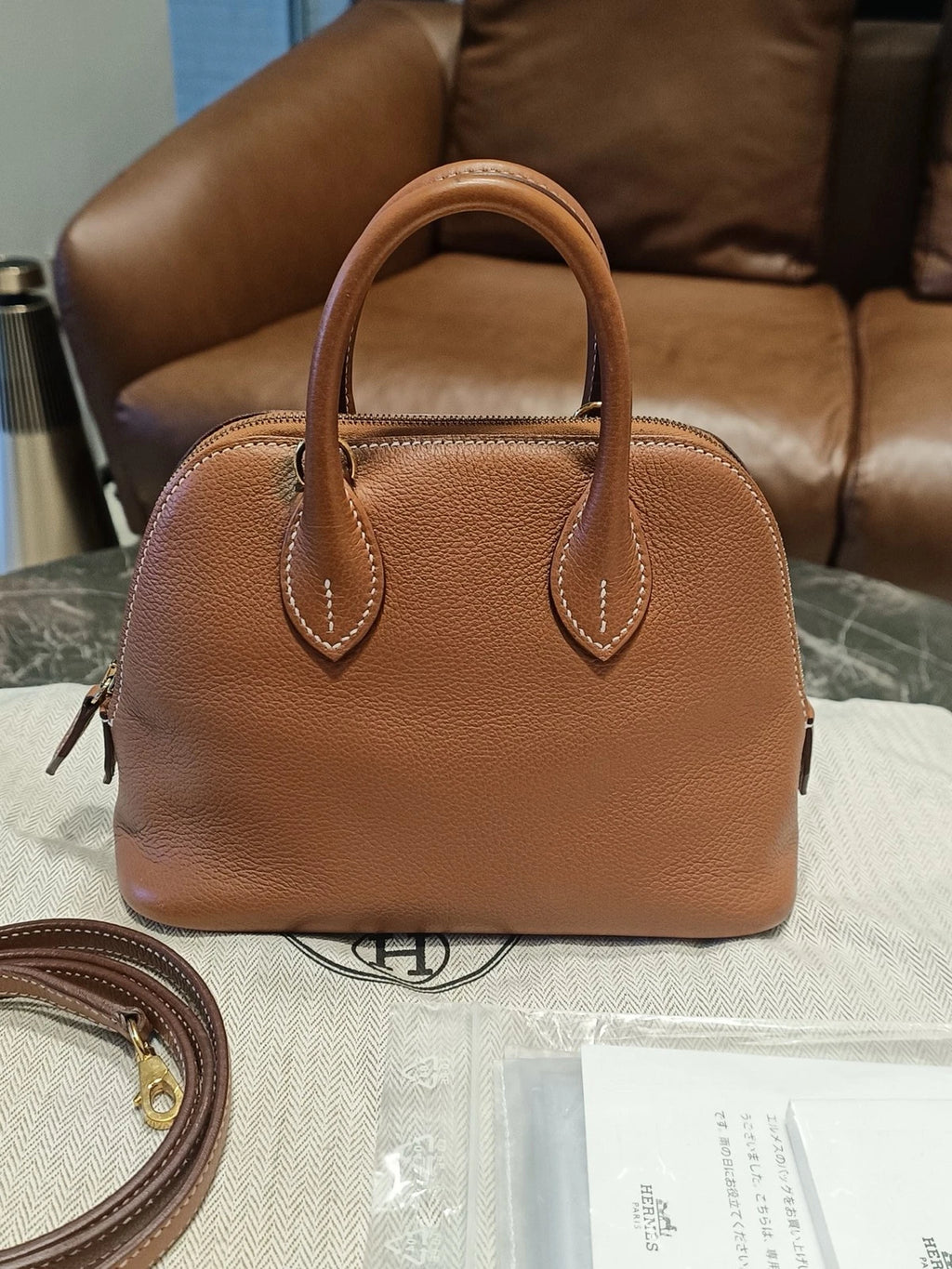 Hermes Bolide Mini Evercolor Leather Top Handle Crossbody Brown Gold Women