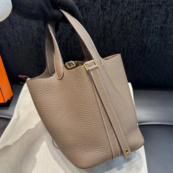 Hermes Bucket 18 Gray Top Handle Bag Gold Hardware Women Classic D