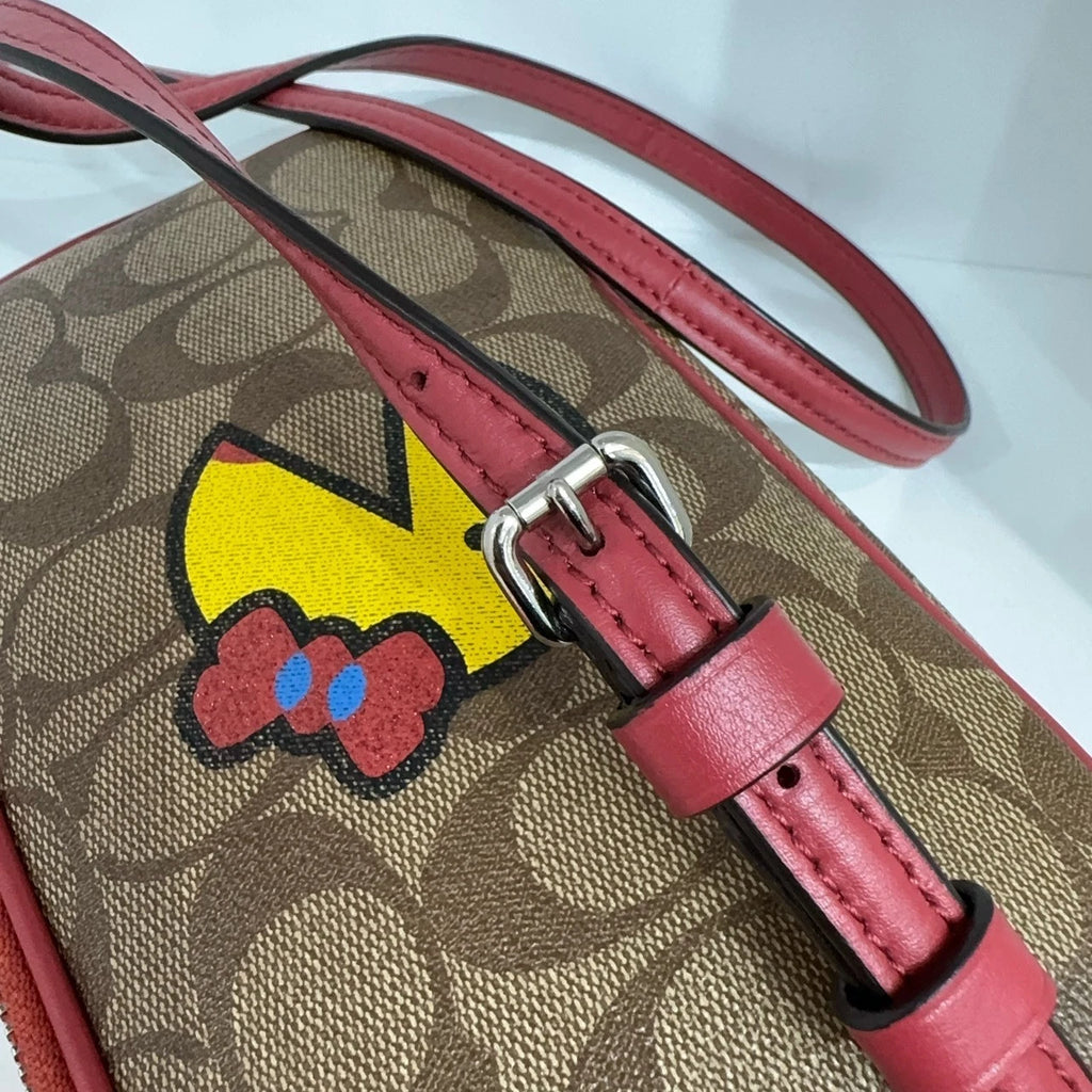 Coach Canvas x Pac-Man Monogram Crossbody Camera Bag Brown Red