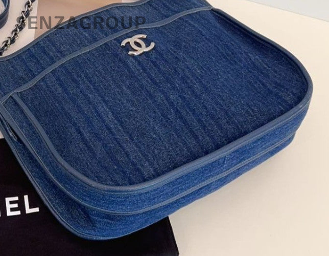 Chanel Hobo 2Way Shoulder Bag Crossbody Blue Silver Used Women Classic
