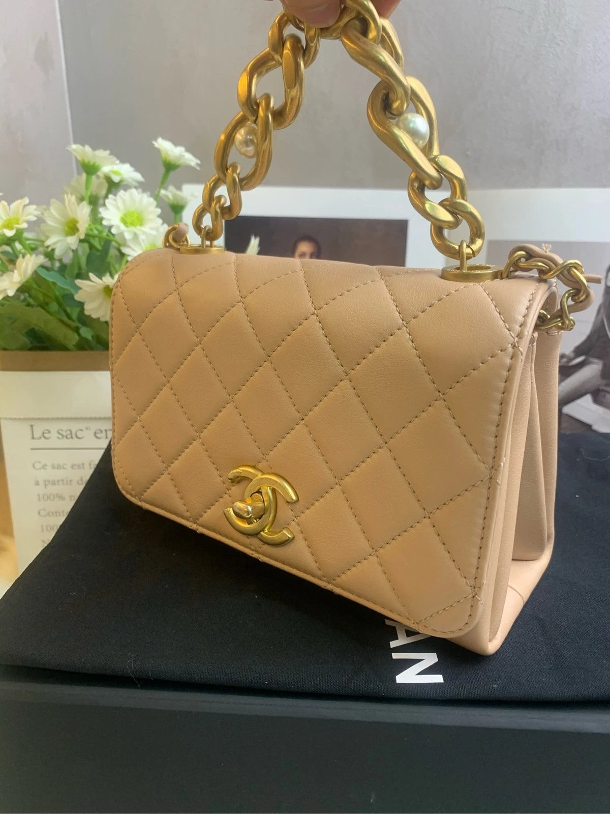 CHANEL Lambskin Pearl Chain Flap Shoulder Bag For Women
