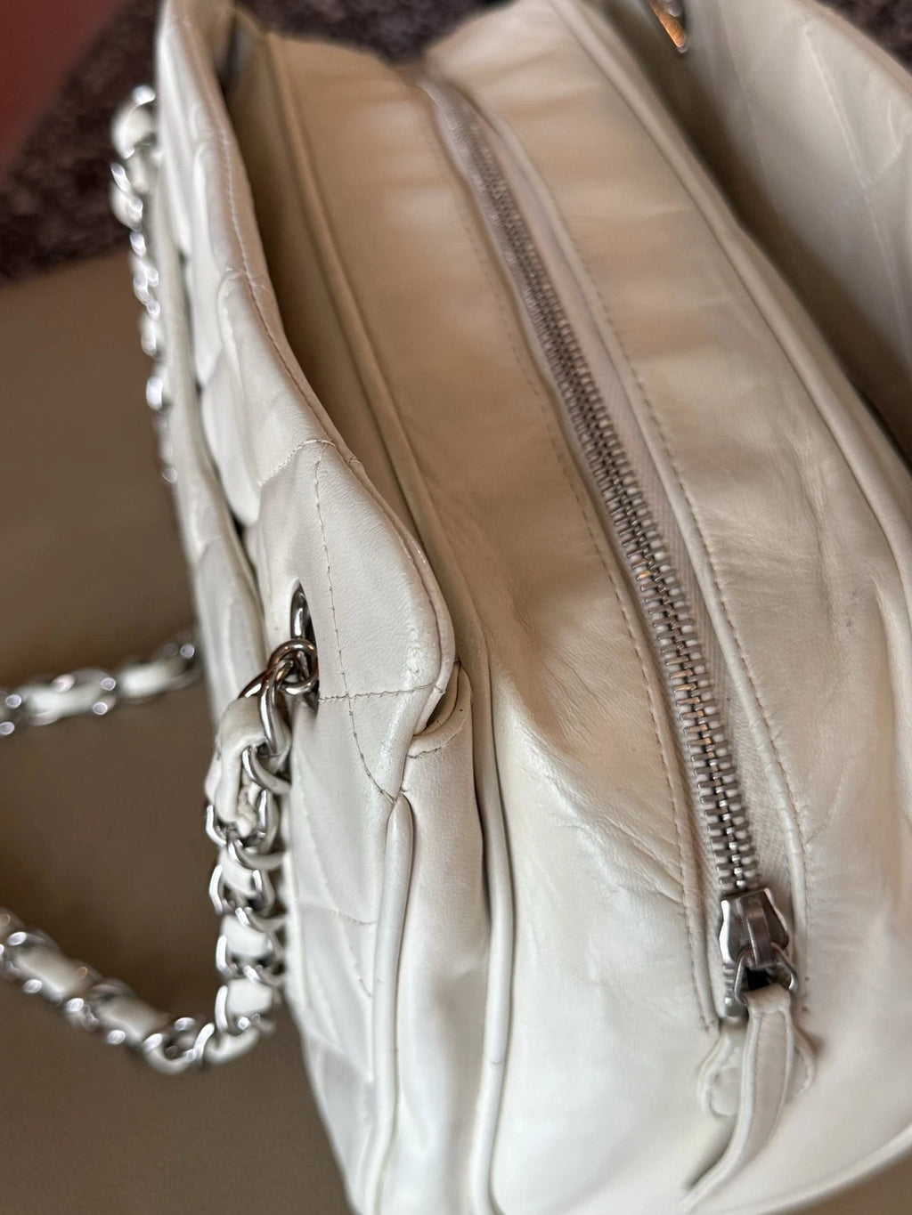 Authentic Chanel Bowling Lambskin Chain Shoulder Bag White Silver Hardware